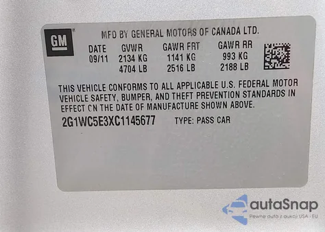 2012 Chevrolet Impala Ltz z USA, uszkodzony, nr VIN 2G1WC5E3XC1145677